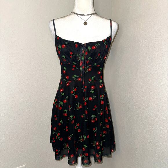 Cherry Print Mini Milkmaid Black Dress Women's Size S/M Casual Preppy - Picture 1 of 7